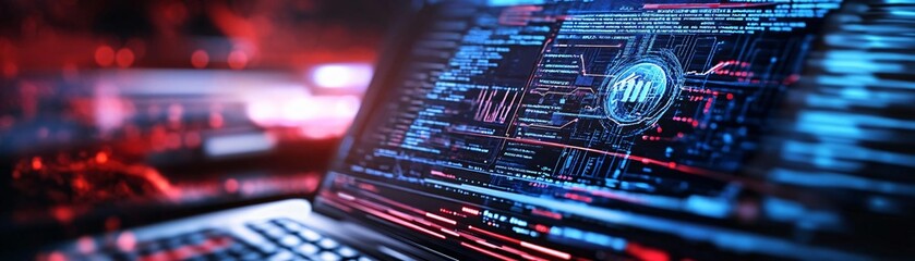 Poster - Futuristic laptop screen displaying complex digital data with vivid colors and glowing elements, showcasing technology and innovation.