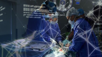 Wall Mural - Surgeons performing operation with network connections and data processing animation