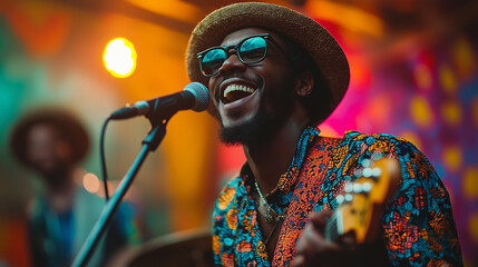 A lively Black musician dancing, ska music concert