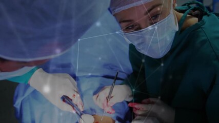 Poster - Surgeons performing operation with network connections animation over medical scene