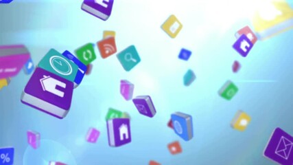 Sticker - Colorful app icons floating, digital technology animation over blue background