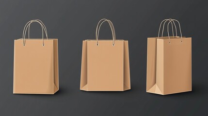 Wall Mural - A set of paper shopping bags designed for transporting goods and products during grocery or retail shopping. Vector illustration of a realistic template mockup set against a dark gray background.