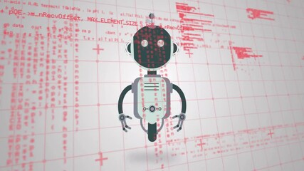 Sticker - Robot character animation over red coding text on white background