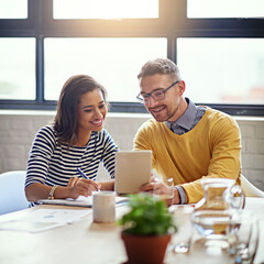 Poster - Design, planning and business people in meeting with tablet, ideas and brainstorming together. Consulting, man and woman in conference room with digital app, teamwork or discussion at creative agency