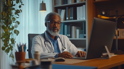 Wall Mural - A doctor providing telemedicine consultation to a patient via video call in a home office.