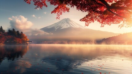 Wall Mural - Create a breathtaking image in full ultra HD resolution capturing the ethereal beauty of Mount shrouded in morning fog