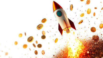 Poster - Rocket flying up, coins falling out of the rocket illustration on white background