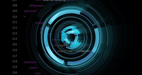 Poster - Rotating blue circular interface displaying animated HTML code