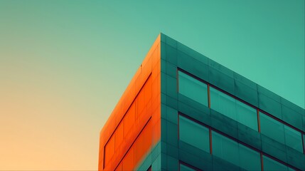 Sticker - Corner of a modern building with large windows, teal and orange tones against a bright blue sky.