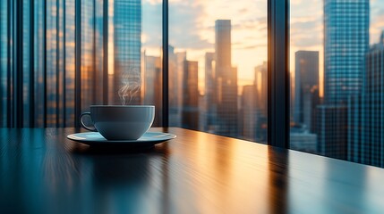 Poster - A modern urban cafe with floor-to-ceiling windows offering a stunning view of the cityscape A sleek table holds a coffee cup with steam rising gently The backdrop of towering buildings and bustling