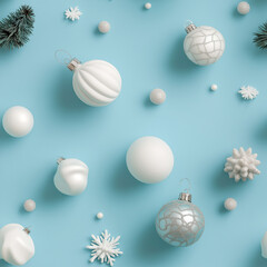 Wall Mural - White and silver Christmas ornaments and snowflakes arranged on a pastel blue background. The seamless pattern exudes a festive, wintery vibe, perfect for holiday designs.