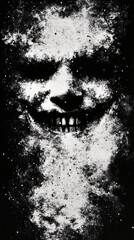 Abstract creepy face in black and white, sinister grin emerging from darkness, eerie shadowy figure, haunting distorted face, unsettling horror art with splatter effect