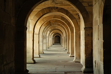  Arched corridors within an ancient stone structure highlighting intricate architectural details at dusk. Generative AI