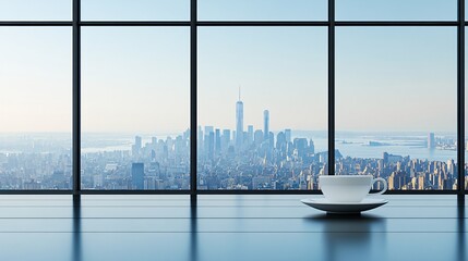 A modern city cafe with a sleek table and a coffee cup The large windows provide a breathtaking view of the urban skyline The cool blues and grays of the city contrast beautifully with the warm,