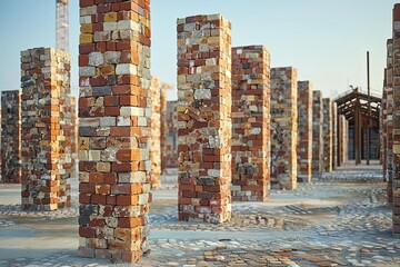Poster - Stacked colorful brick pillars in an outdoor construction area during daylight hours with gravel pathways. Generative AI