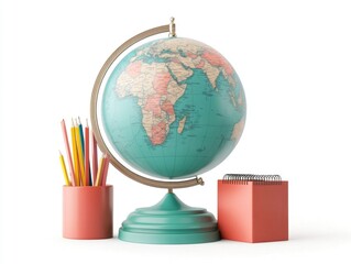 Poster - Vibrant 3D education icon depicting a globe surrounded by school supplies such as books pencils and a calculator on a clean white background