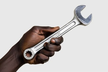 Close-up photo of a strong hand holding a metallic wrench. The style is realistic. Used for repair, maintenance and mechanical work concepts. Useful for visuals needing tools and equipment