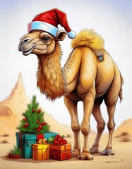 Canvas Print - Christmas camel with gifts and decoration in the desert 