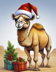 Canvas Print - Christmas camel with gifts and decoration in the desert 