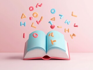 Poster - 3D Open Book with Floating Letters Education Icon Isolated on White Background Representing Learning Knowledge and Academic Study Concepts