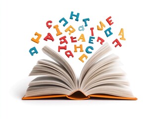 Poster - Captivating 3D Education Icon Featuring an Open Book with Floating Letters Isolated on a Clean White Background Representing the Essence of Learning Knowledge and Academic Pursuits
