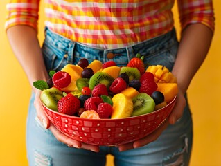 Wall Mural - Fresh fruit bowl held by a person in a checked shirt with vibrant yellow background