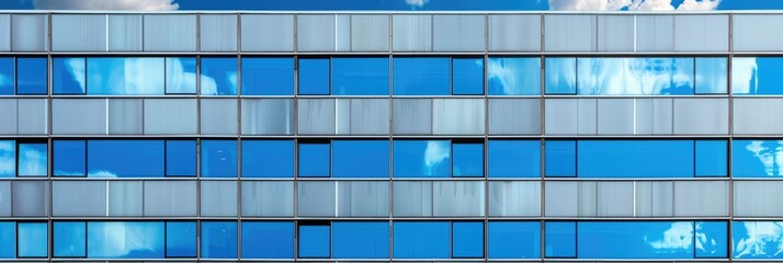 Poster - Facade of an office building featuring numerous windows that mirror the blue sky