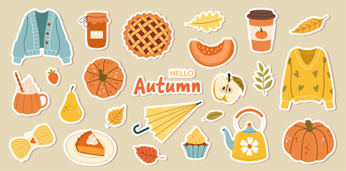 Wall Mural - Vector set of autumn cozy stickers with food, leaves and clothes