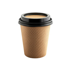 A stylish disposable coffee cup with a black lid, perfect for hot beverages. Ideal for cafe and takeaway themes.