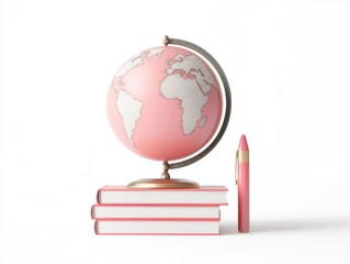 Poster - 3D Education Icon with a Globe Books and a Pen on a White Background Representing the Concept of Learning Knowledge and Academic Studies