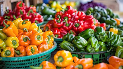 Sticker - A Colorful Harvest of Bell Peppers in Baskets