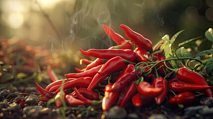 Canvas Print - Spicy Red Chili Peppers with Smoke and Sunlight