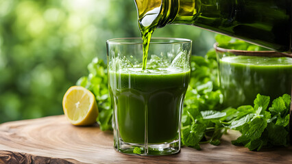 there is a glass of green juice being poured into a glass