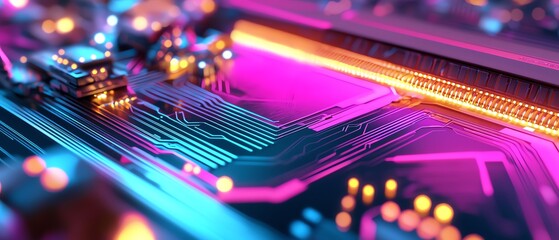 Leinwandbilder - Close-up of a vibrant circuit board illuminated with neon hues, showcasing intricate details and modern technology's essence.