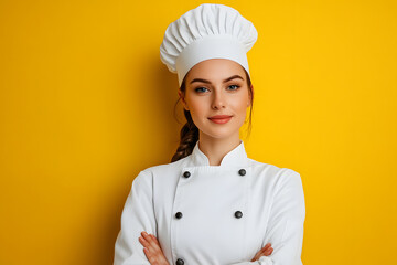 Wall Mural - Portrait of woman chef in white outfit with crossed arms looking at camera on yellow background