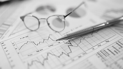 Poster - Black and white image of a business chart, a pen and glasses on a desk.
