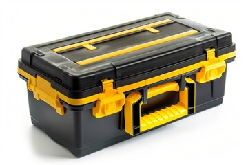 Wall Mural - Black and yellow toolbox on white background. Durable storage container for tools. Industrial design for workshop. Organize and maintain tools easily. Generative AI