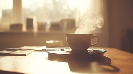 Poster - A close-up of a vinyl record spinning on a turntable set on a retro coffee table surrounded by old records and a hot cup of coffee The image is styled with sepia tones to create a warm and nostalgic