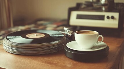 Poster - A retro coffee shop vibe captured with a vinyl record player on a wooden coffee table surrounded by classic records and a steaming cup of coffee The sepia-toned image exudes warmth and nostalgia