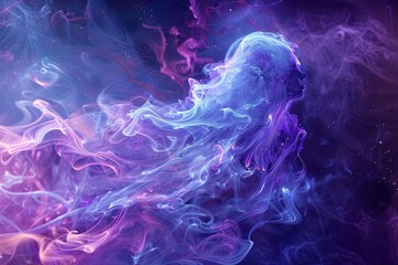 Poster - Ethereal figure formed from swirling colorful smoke in a cosmic background during twilight hours. Generative AI