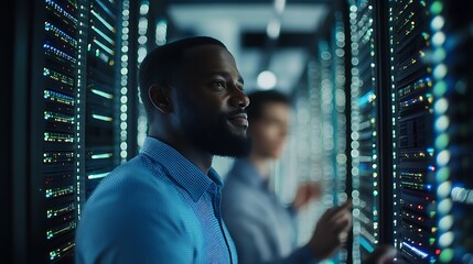 Wall Mural - A group of technicians discussing a network infrastructure plan.