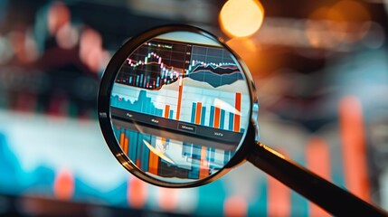 Poster - Magnifying glass is focused on a financial chart with a blurred background of other financial data.