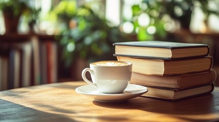 Wall Mural - A tranquil cafe setting with muted earthy colors highlighting a cup of coffee on a wooden table Soft light fills the space with blurred hints of books and greenery in the background providing a