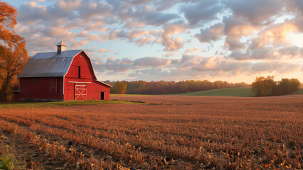 rural landscape at sunset with classic red barn by harvested fields