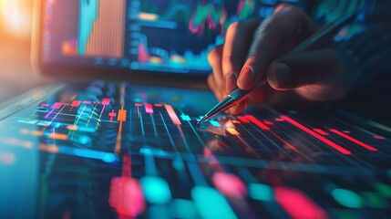 Poster - Close-up view of analyst hand using a pen to analyze data and charts on a tablet screen. The glowing screen displays graphs and financial data process of business analysis and decision making.