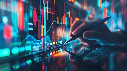 Poster - Hand interacts with a digital tablet displaying financial charts and graphs represents the process of financial analysis, data visualization, and decision making in the modern business world.