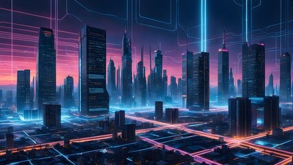 A cityscape with neon lights and a glowing skyline