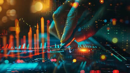 Poster - Close-up of a hand interacting with a digital screen displaying financial charts and data.