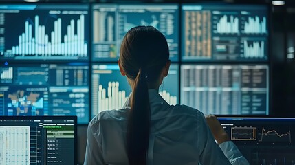 Poster - Woman sits at a desk in front of multiple computer screens displaying data analysis, charts, and graphs. She is focused on her work.