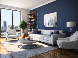 Modern living room with white furniture, a blue wall, and a view of the city.